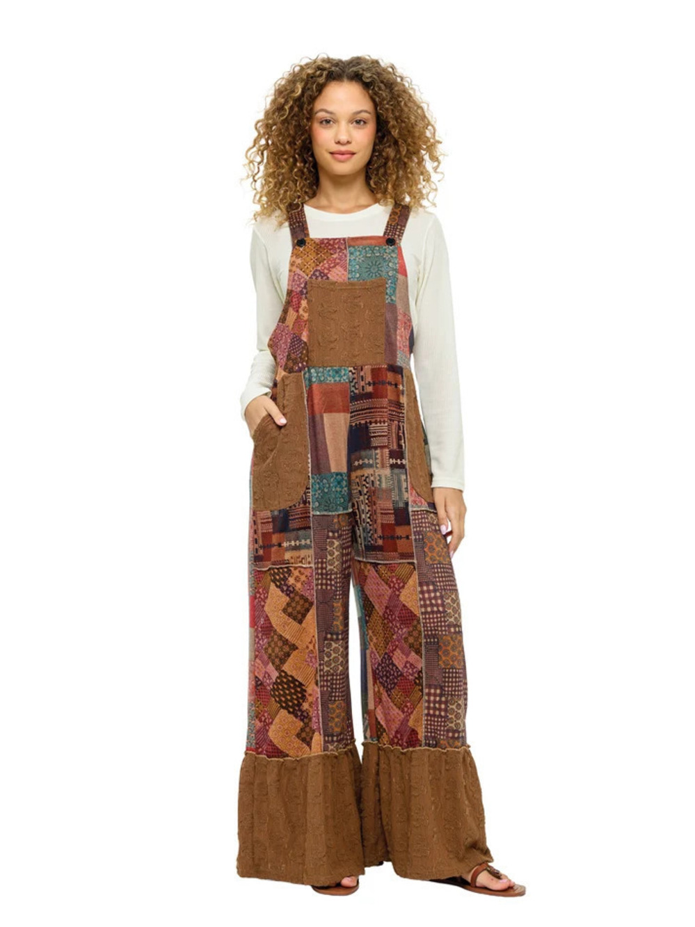 26818 | Yak & Yeti Boho Patchwork Floral Ruffled Hem Overalls | Sizes S/M-L/XL